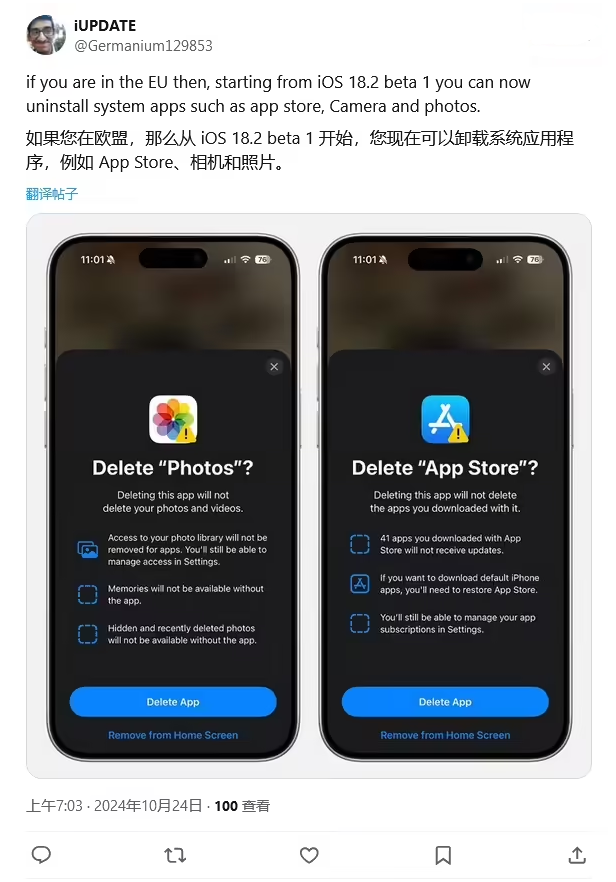 类乌齐苹果手机维修分享iOS 18.2 支持删除 App Store 应用商店 