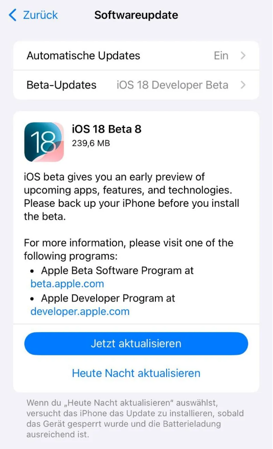 类乌齐苹果手机维修分享苹果 iOS / iPadOS 18 开发者预览版 Beta 8 发布 